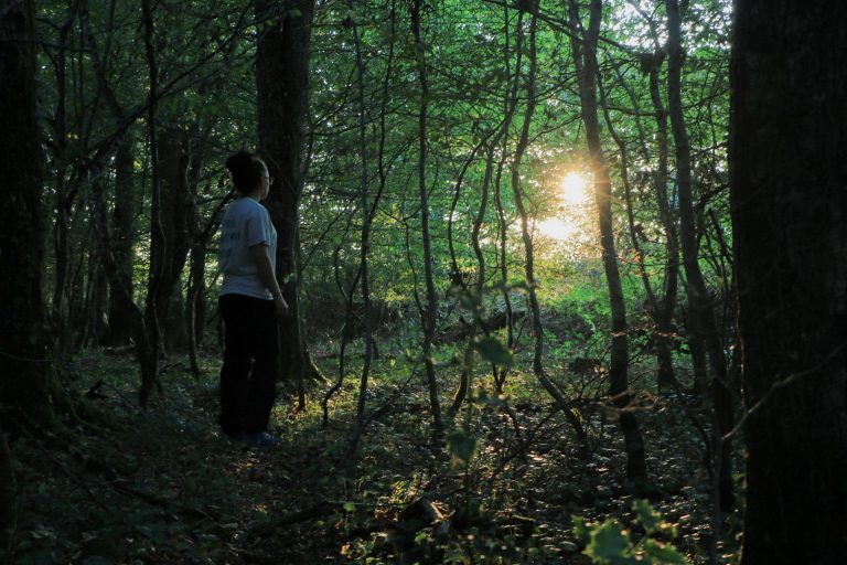 Femme marchant dans un bois.